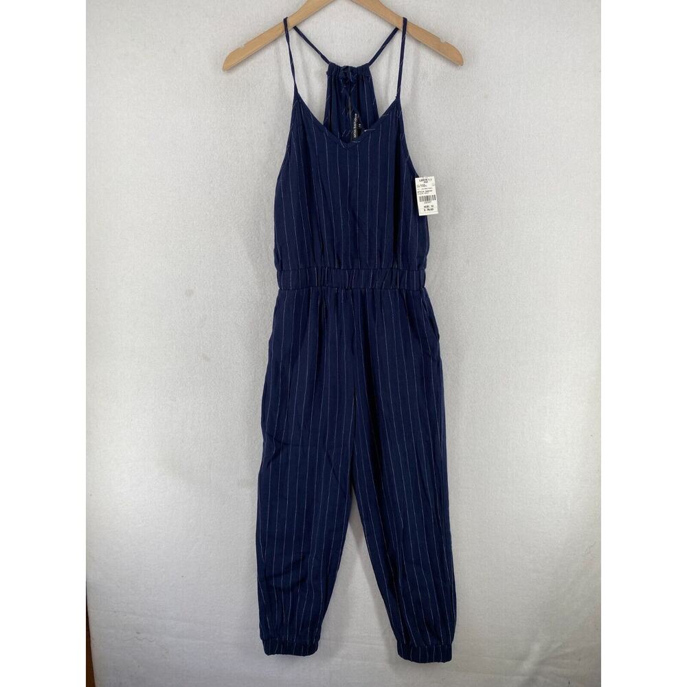MISS BEHAVE Jumpsuit Girls 12 Viscose Linen Pinstripes V-Neck Tie Back Blue NEW